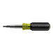 A black and yellow Klein Tools screwdriver with a green handle.