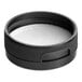 A black round plastic flip top lid with a white pressure sensitive liner.