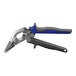 A close up of a Klein Tools hand seamer with blue handles.