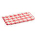 A red and white checkered Table Mate table cover on a table.