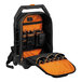 A black and orange Klein Tools rolling tool backpack with six compartments.