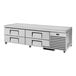 A stainless steel True refrigerated chef base with drawers.