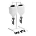 A white stand holding two Asept condiment pumps with metal handles.