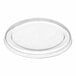 A clear round plastic lid designed to fit a 4 oz. ramekin cup.