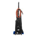 A Powr-Flite bagged upright vacuum with orange and blue cords and a hose.