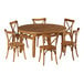 A Lancaster Table & Seating round brown outdoor folding table with 6 chairs.