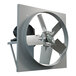 A metal Canarm belt drive wall fan with round blades.