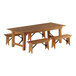 A Lancaster Table & Seating Vineyard Series 8' Barrel Brown Outdoor Folding Table with Four 3' 4" Folding Benches.