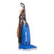 A close-up of a blue and black Powr-Flite Borelli Dual Pro bagged upright vacuum cleaner.