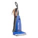 A Powr-Flite Rigel Pro bagged upright vacuum cleaner with a blue handle.