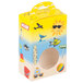 A yellow Beach Window candy box with blue images on it.