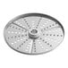 A circular metal AvaMix grating and shredding disc with holes in it.