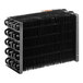 A black rectangular evaporator coil with many black tubes.