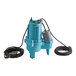 A blue Little Giant submersible pump with wires and a hose.