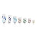 A row of white EcoChoice paper hot cups with leaf print in different colors.
