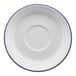 A white porcelain saucer with a blue rim.