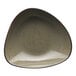 A green and brown triangular stoneware bowl with red specks.