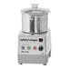 A silver Robot Coupe food processor with a lid on a white background.