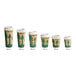 A row of EcoChoice Kraft paper coffee cups with tree print and white lids.