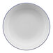 A white bowl with a blue rim.