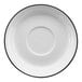 A white porcelain saucer with a black rim.
