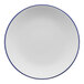 A white porcelain coupe plate with a blue band.