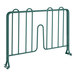 A close-up of a green metal wire shelf divider with two bars.