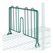 A green metal wire shelf divider on a white wire rack.