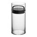 A clear SAN plastic container with a black lid.