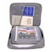 A grey Royal firesafe case with a blue passport and wallet inside.