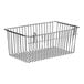 A chrome wire storage basket with wire handles.
