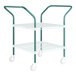 A two tiered metal cart with green wheels.