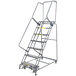 A gray Ballymore steel rolling safety ladder with yellow handrails.