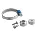 A metal ring with blue and silver screws, a stainless steel hose clamp.