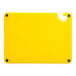 A yellow rectangular Choice cutting board with white lines and black grips.