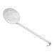 A silver stainless steel skimmer with holes in the bottom.