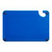 A blue plastic Choice cutting board with rulers and grips.