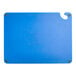 A blue plastic Choice cutting board with a ruler and corner grips.