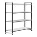 A metal Cambro Camshelving unit with black shelves and frame.