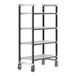 A black and grey metal Cambro Camshelving unit with wheels and four vented shelves.