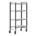 A metal Cambro Camshelving Elements mobile unit with vented shelves and wheels.