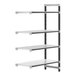 A white and black metal shelving unit with four shelves.