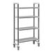 A grey metal Camshelving Elements mobile unit with four vented shelves and wheels.