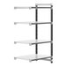 A white Cambro Camshelving Elements XTRA 4-shelf add-on unit with black metal legs.