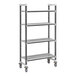 A grey metal Cambro Camshelving Elements mobile unit with four shelves and wheels.