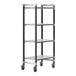 A black metal Cambro Camshelving® Elements mobile unit with four shelves on wheels.