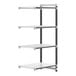 A white Cambro Camshelving Elements XTRA 4-shelf add-on unit with black legs.