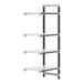 A white shelf with black metal rods on a metal shelving unit.