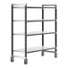 A grey Cambro Camshelving unit with four solid shelves on wheels.