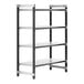 A black Cambro metal shelving unit with four white shelves.